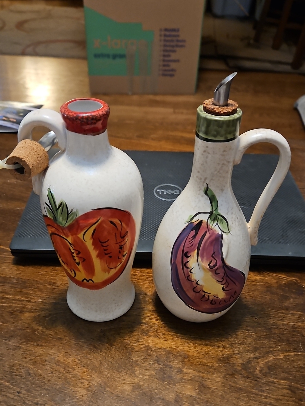 Hand-Painted Ceramic Olive Oil & Vinegar Cruet Set - vegetable Motif, Cream